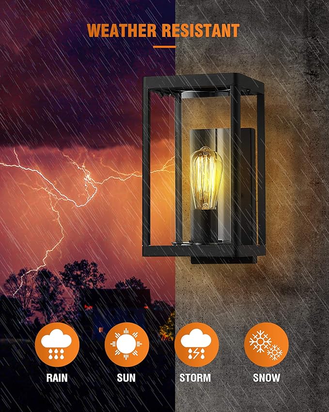 Beionxii Dusk to Dawn Outdoor Wall Sconces Modern Exterior Porch Light Wall Mount Lantern Black Cast Aluminum w/Clear Cylinder Glass - A291W-1PK