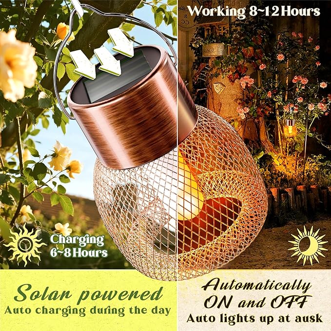 Anordsem Solar Hanging Lights Outdoor: 8 Metal Mesh Flame Lanterns with Clip - Waterproof LED Warm Lighting for Christmas Tree Yard Garden Decor - Xmas DIY Gift for Homeowners Camper
