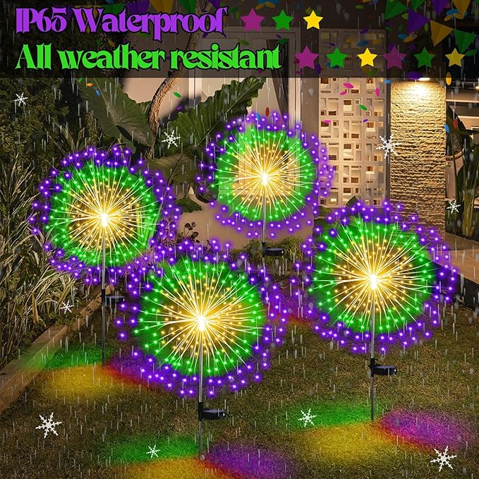 4th of July Decorations Outdoor 4 Pack Colored Solar Firework Lights with 180 LED Patriotic Solar Lights 8 Lighting Modes for Yard Pathway Garden Patio Party Decorations(Green Yellow Purple)