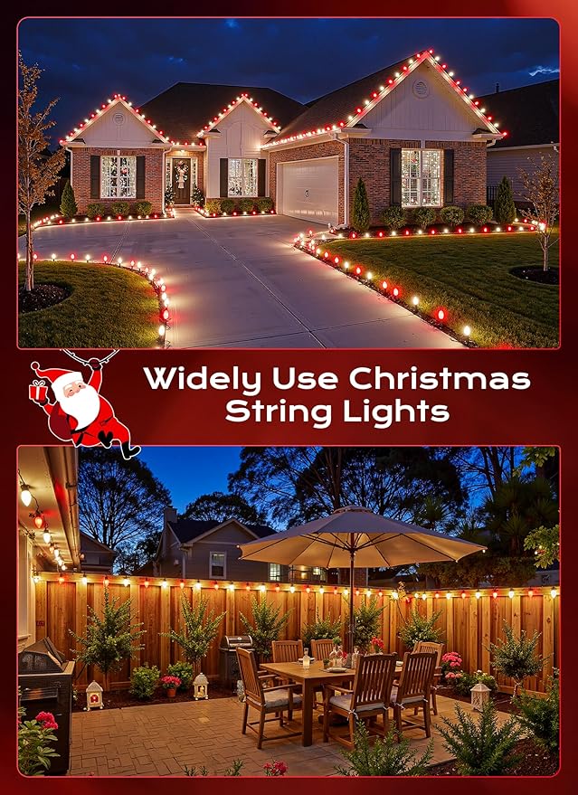 C9 LED Christmas Lights Outdoor 50 FT 50 Red and Warm White Connectable C9 String Lights for Christmas Tree Patio Roofline Garden Backyard Holiday Party Indoor Outdoor Decoration Green Wire