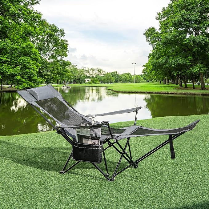 GYMAX Camping Chair Adjustable Reclining Lounge Chair w/Removable Footrest Padded Pillow Cup Holder &amp Side Pocket Folding Camping Mesh Chair w/Carry Bag for Outdoor Patio Lakeside (1 Grey)