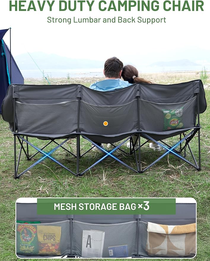 Timber Ridge 3 Person Camping Chair Supports to 1050lbs Portable Camp Couch Padded Camping Chairs Outdoor Oversized Folding Loveseat Perfect for Campsites Patio/Lawn Soccer Games Grey