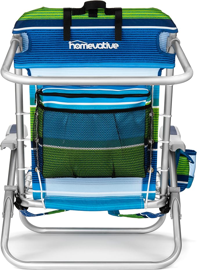 Homevative Cooler+ Folding Backpack Beach Chair with 5 Positions Towel bar XL Cooler Pouch Storage Net Cup and Phone Holder Deep Sea 2 Pack