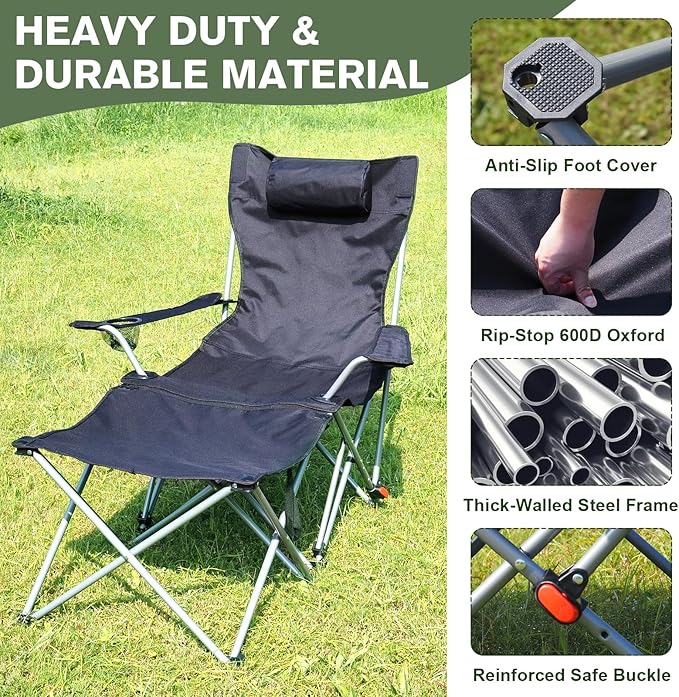 Portable Camping Chair with Footrest Folding Lounge Chair Reclining Chair for Outside with Cup Holder Side Pocket and Pillow Heavy Duty Collapsible Chair for SportsOutdoors &amp Lawns