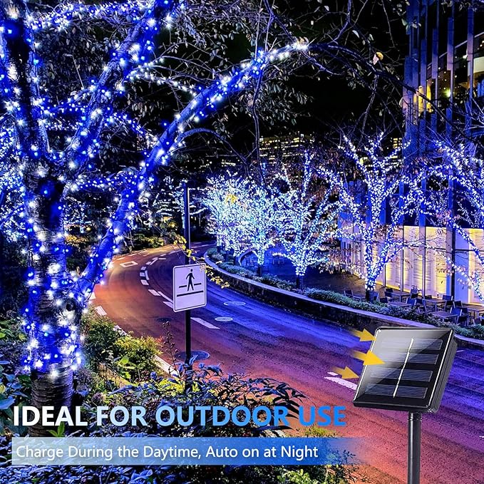 Extra-Long 144FT Solar String Lights for Outside 2 Pack 400LED Solar Fairy Lights Outdoor Waterproof Copper Wire with 8 Modes Solar Powered Twinkle Lights for Tree Party Xmas Decor (Blue and White)