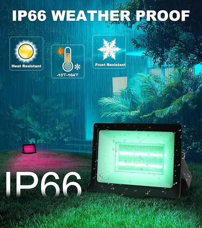 50W RGB Flood Light with Remote &amp 6.6Ft Cable Halloween RGB Floodlight IP66 Waterproof Color Changing Christmas Light 5000K White LED Floodlight Outdoor Uplights for Events 4 Pack
