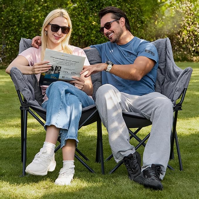 Double Camping Chair Heavy Duty Oversized Padded Loveseat for Adults 2 Person Outdoor Portable Camping Chairs for Lawn Backyard Fishing Trip Support 600lbs Grey