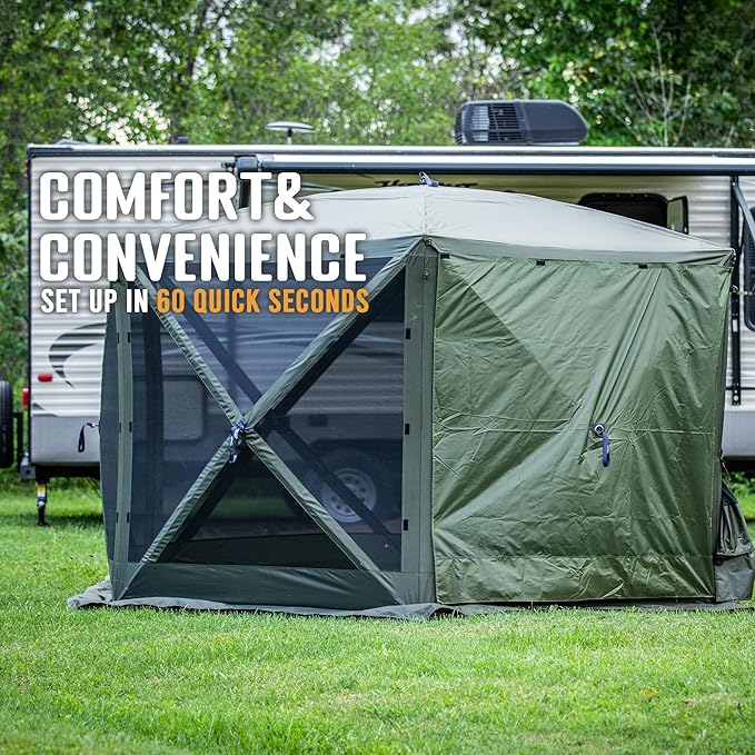 CLAM Pop Up Screen Tent Outdoor Camping Gazebo Canopy Escape 11.5' Green - Heavy-Duty Portable Screened Shelter with Netting for Beach Patio and Backyard