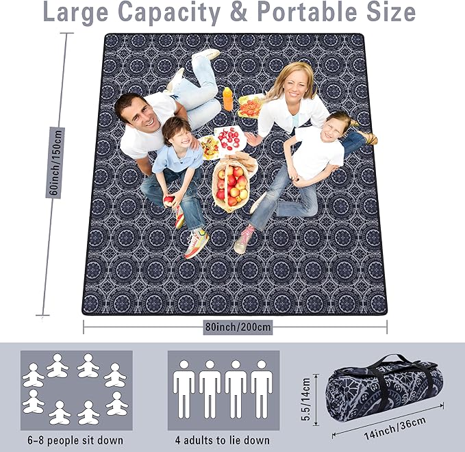 Extra Large Picnic Blankets Waterproof Foldable (60 x 80) Beach Blanket Waterproof Sandproof3-Layer Thicking Mat Outdoor Packable Camping Blanket