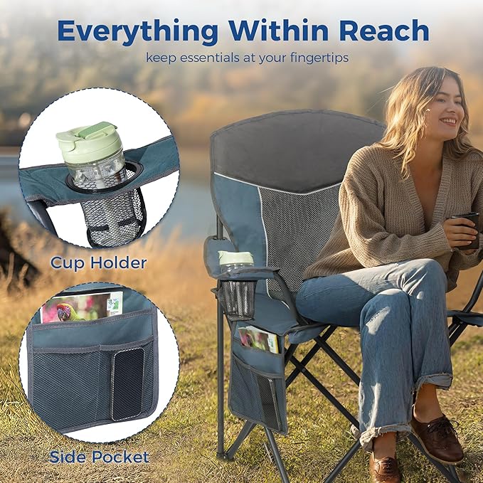 Outdoor Camping Chair 2-Pack with Mesh Back Folding Portable Lawn Chairs with Cup Holder &amp Side Storage Pocket for Camping Beach Picnic Fishing(Blue)