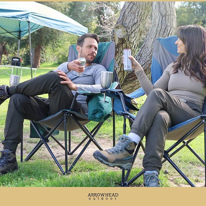 ARROWHEAD OUTDOOR Oversized XXL Portable Folding Camp Chair w/Glass &amp Cup Holders Armrest Cooler Carry Bag 600 lbs Max Weight Load