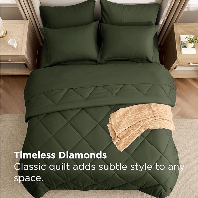 Bedsure 5 Pieces Twin Comforter Set Premium Series Hotel Luxury Soft Bed in a Bag Goose Down Alternative Safe for Sensitive Skin Bedding Comforter All Season Medium Warmth Olive Green Twin Size