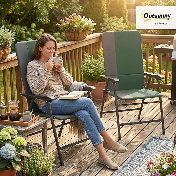 Outsunny Folding Patio Chairs Set of 2 Padded High Back Folding Lawn Chairs with Armrests 600D Oxford Fabric Portable Outdoor Camping Chair Set for Deck Garden Backyard Dark Green