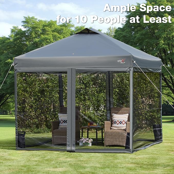 10x10 Pop Up Canopy Tent with Mosquito Netting Outdoor Portable Screen Tent for Yard Party Camping and Picnic 3 Height Positions Patio Gazebo with Roller Bag and 4 Sandbags