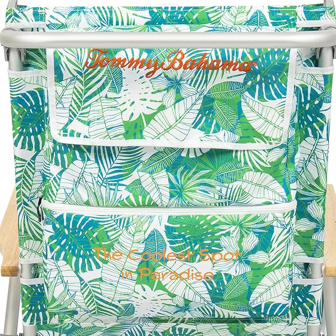 Tommy Bahama 5-Position Classic Lay Flat Backpack Beach Chair with Cooler and Cup Holder Portable Folding Beach Chair for Tanning Tropical Leaves