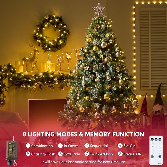 Joiedomi 1200 LED Christmas Lights Outdoor394 FT Warm White Christmas Tree Lights with 8 Modes Timer PVC Green Wire String Lights with Reel for Indoor Outdoor Holiday Xmas Eve Night Decorations