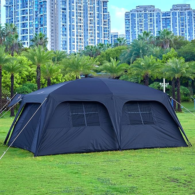 KTT Extra Large Tent 12-14 PersonFamily Cabin Tents2 RoomsStraight Wall2 Doors 4 Windows with MeshWaterproofStraight WallBig Tent for OutdoorPicnicCampingGathering(Brown)