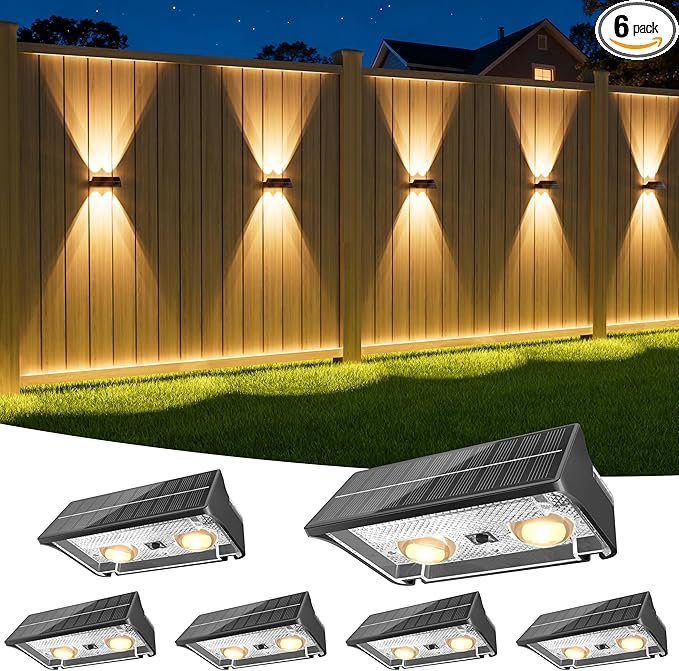 NIORSUN Solar Fence Lights Outdoor 6 Pack Up and Down Waterproof Solar Wall Lights Warm &amp Cool White + RGB Fence Lights with Lens Dusk to Dawn Lighting for Patio Backyard Pool Railing (Blac