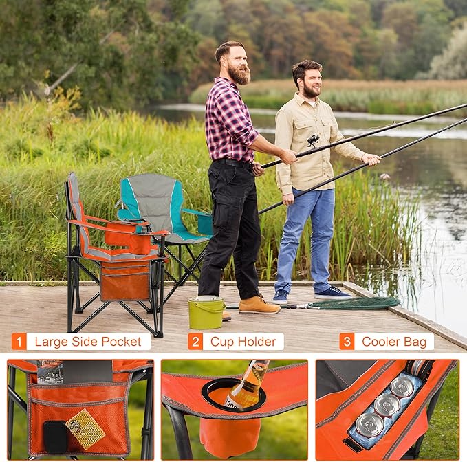 2 Pack Padded Oversized Camping Chairs for AdultsHeavy Duty Support 400 LbsFolding Portable Lawn Chair w/Cup HolderCooler BagSide PocketPerfect for Outdoor PicnicHiking(Orange&ampBlue)