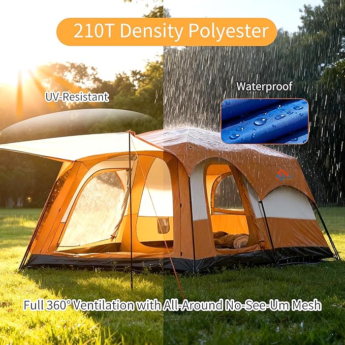 Large Family Standing Upright Camping Tent - 5-12 Persons Multi-Room Waterproof Tent with Screened Porch - Glamping Tent for Outdoor Camping &amp Family Vacation