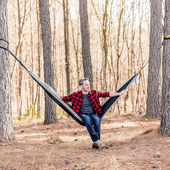 ELK Single Hammock with Tree Straps - Lightweight Parachute Nylon for Outdoor Adventures (Black/Gray Single)