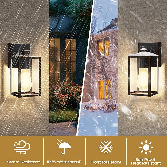 WIHTU Outdoor Lights for House LED Exterior Front Porch Light Fixtures for Outside Waterproof Wall Light Outdoor Sconce Lights for Patio Garage Doorway Entryway (Black with Gold Rim)