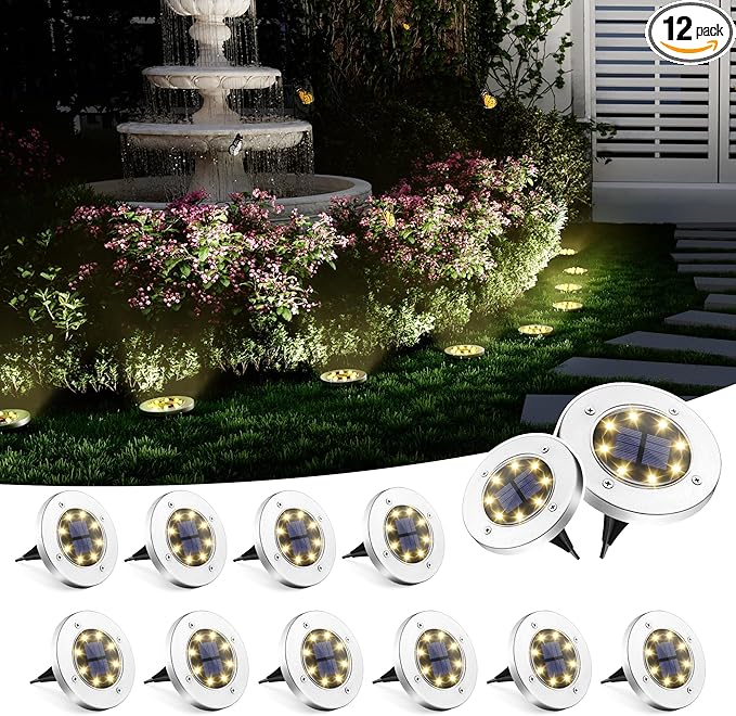 SOLPEX Solar Ground Lights 12 Pack Solar Lights Outdoor Waterproof 8 LED Solar Powered Landscape Lighting for Garden Yard Patio Driveway Pathway Walkway (Warm White)