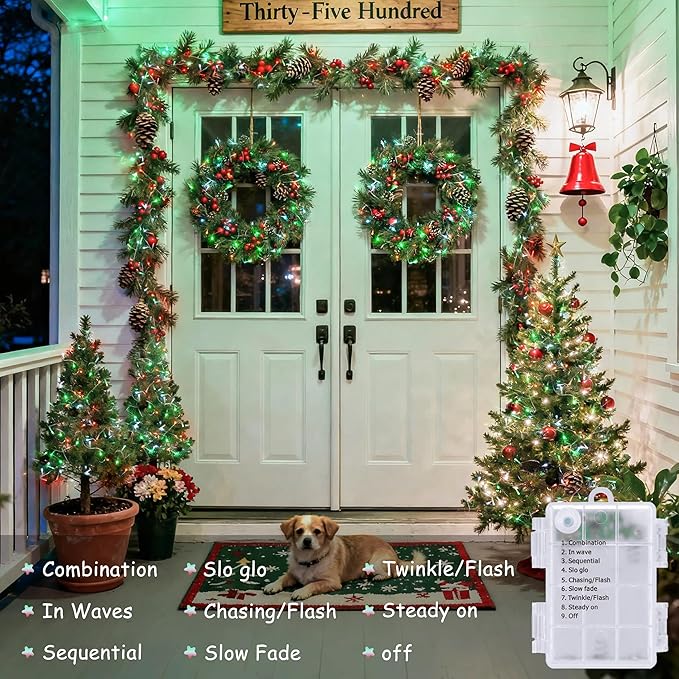 JMEXSUSS 2 Pack Red White and Green Christmas Lights Battery Operated Each 33ft 100 LED Battery String Lights with Remote Christmas String Lights for Tree Bedroom Porch Garland Yard Xms Decor