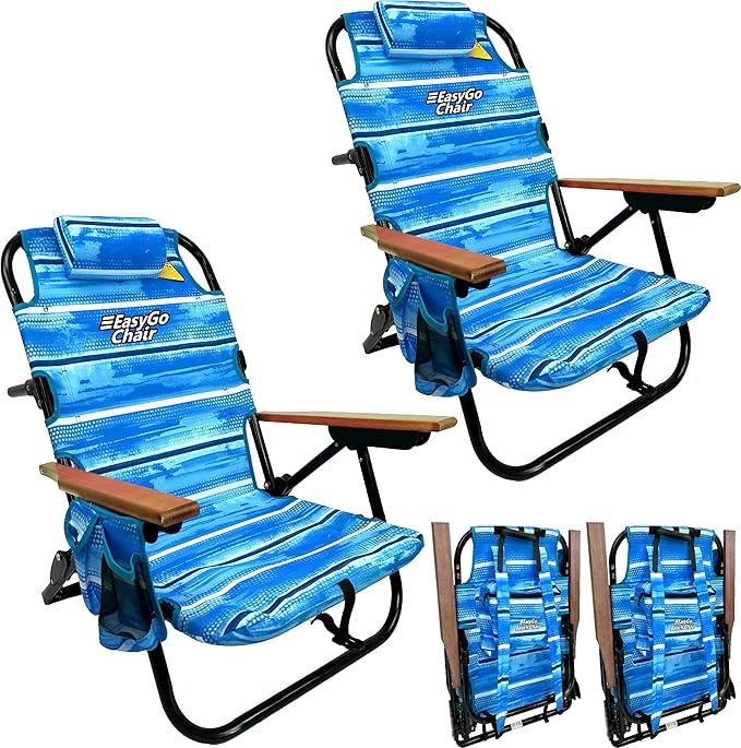 Tommy Bahama Backpack Chair-5 Positions and Cup Holder Pouch on Side-Padded Pillow-Storage Bag on Back – Lightweight Rustproof Aluminum – Black Frame 2 Pack Beach Blue