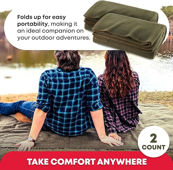 Ever Ready First Aid Olive Drab Green Warm Fire Retardant Blanket 66 x 90 (80% Wool) – US Military Style Heavy-Duty Survival &amp Emergency Blanket for Camping Hunting Outdoors &amp Home Use -