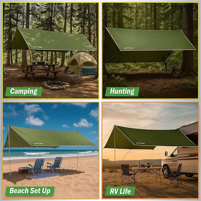 Camping Tarp for Tent or Hammock Rain Fly - 10 x 12 Tarp for Camping Hiking Backpacking or Portable Lightweight Survival Shelter UV Protection and 3000mm Water Resistant by Wakeman Outdoors (Green)