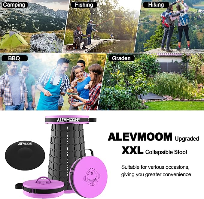 ALEVMOOM Upgraded 19.7 XXL Collapsible Stool with Cushion Portable Telescoping Stool Capacity 1000lbs Heavy Duty Retractable Folding Chair for Adults for Camping Fishing Hiking BBQ