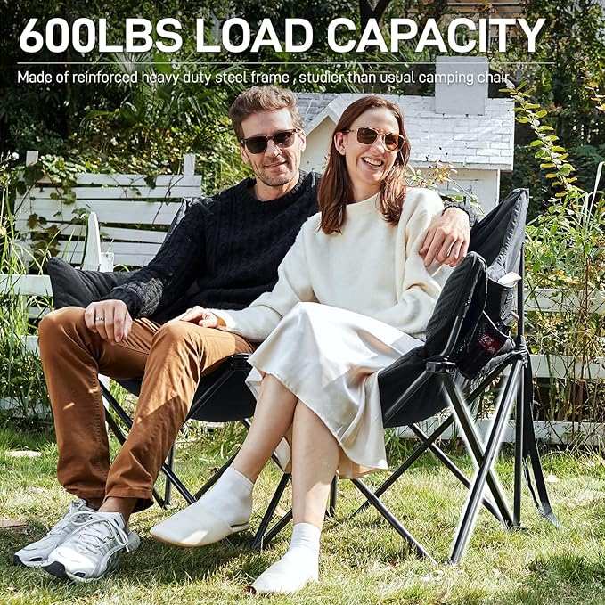 EVER ADVANCED Double Camping Chair for Adults Padded Folding Camping Loveseat Bench with Side Pocket Portable Camping Couch Two Person Heavy Duty Outdoor Chair with CushionSupport 600lbs Black