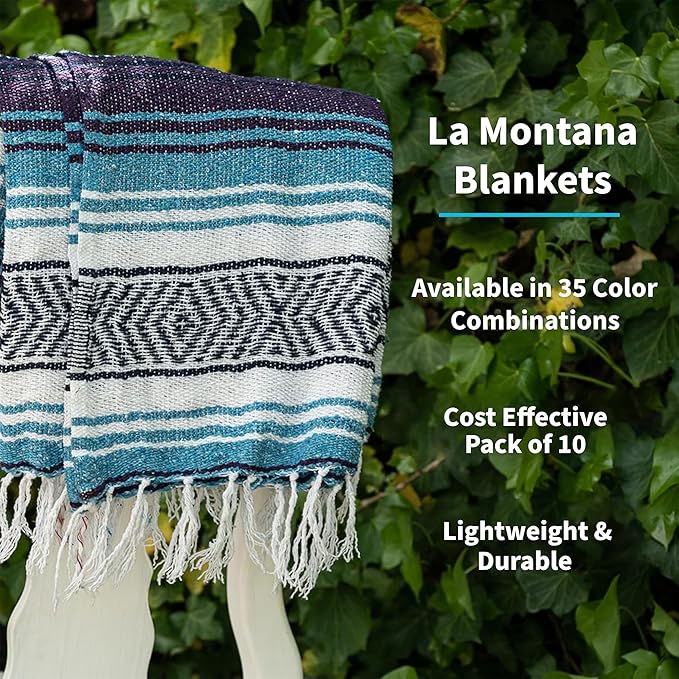 La Montana Mexican Blankets and Throws 4 Pack 74x50 - Made in Mexico Lightweight Yoga Blanket for Schools Studios Outdoors Camping Picnic Decor - Washable Turquoise/Dark Purple/White