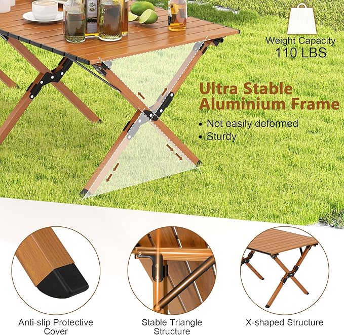 COSTWAY Folding Picnic Table Roll-Up Aluminum Camping Table with Wood Grain Portable Low Height Beach Table with Carry Bag for Camping Picnic BBQ &amp Hiking Easy Assembly Natural (47” x 23” x