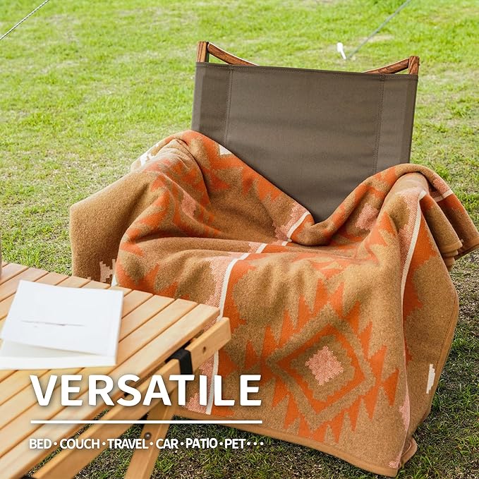 ACUSHLA Merino Wool Camp Blanket - Soft Warm Thick Washable Large Outdoor Camping Sleeping Throw Blanket All Weather Morocco Khaki 79 x63
