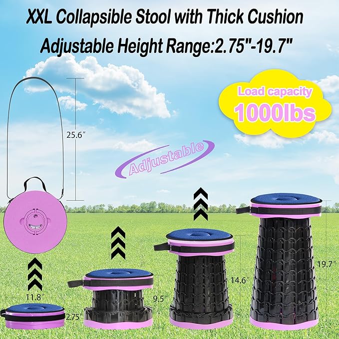 ALEVMOOM 2026 Upgraded XXL 19.7 Collapsible Stool with Cushion 1000lbs Max Weight Heavy Duty Portable Telescoping Stool Retractable Seat Folding Chair for Camping Fishing Hiking(Purple-XXL)