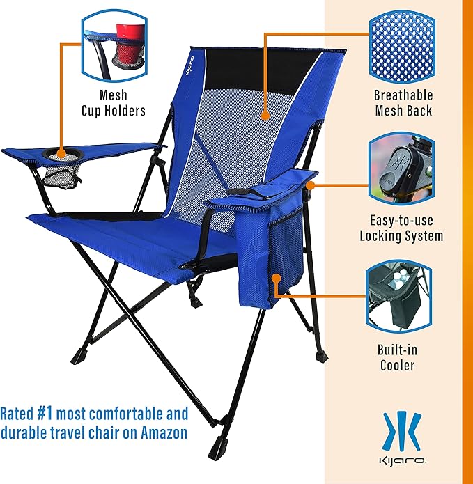 Kijaro Dual Lock Portable Camping Chairs - Enjoy Outdoors with Versatile Folding Sports &amp Lawn Chair - Dual Lock Feature Locks Position - Maldives Blue with Cooler