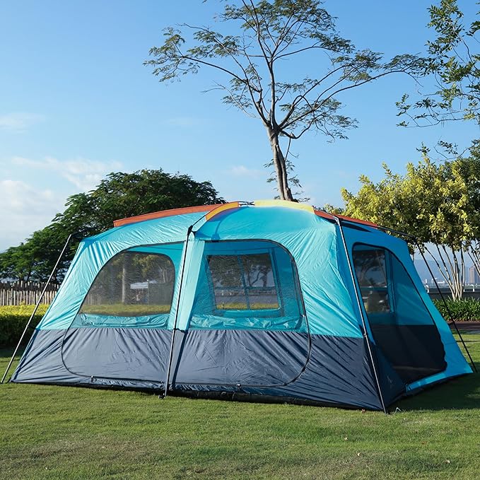 KTT Extra Large Tent 12 PersonFamily Cabin TentsAwning2 Rooms4 Doors and 4 Windows with MeshStraight WallWaterproofDouble LayerBig Tent for OutdoorPicnicCampingFamily Gathering