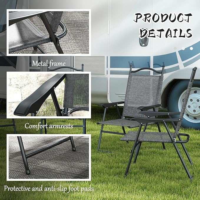 Outsunny Folding Patio Chairs Set of 4 Sports Chairs for Adults Camping Chairs with Armrests Breathable Mesh Fabric Seat for Lawn Gray