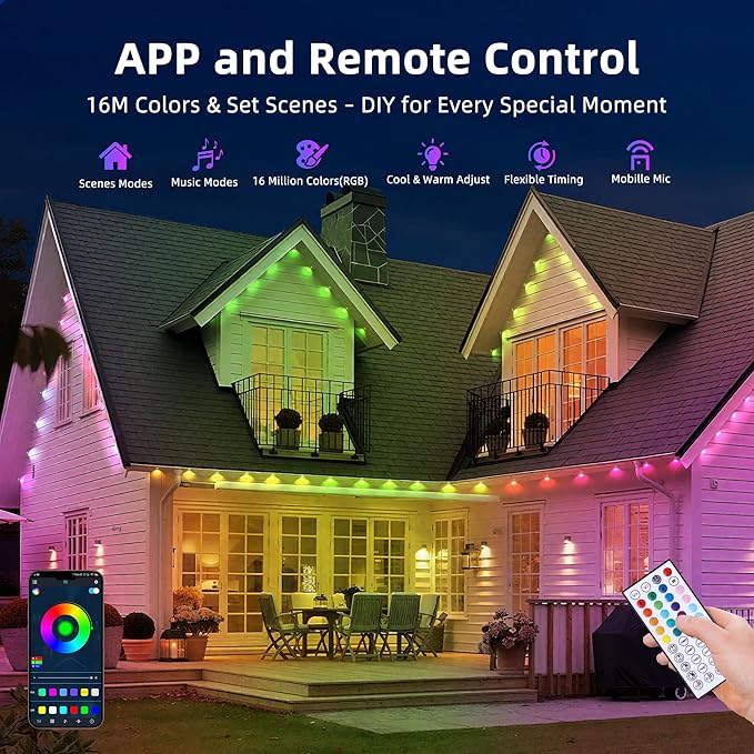 100FT Permanent Outdoor Lights for HouseRGB LED Eaves Lights with IP67 Waterprooff Smart App Remote Control Music Sync for ChristmasDaily &amp Holiday Party Decor