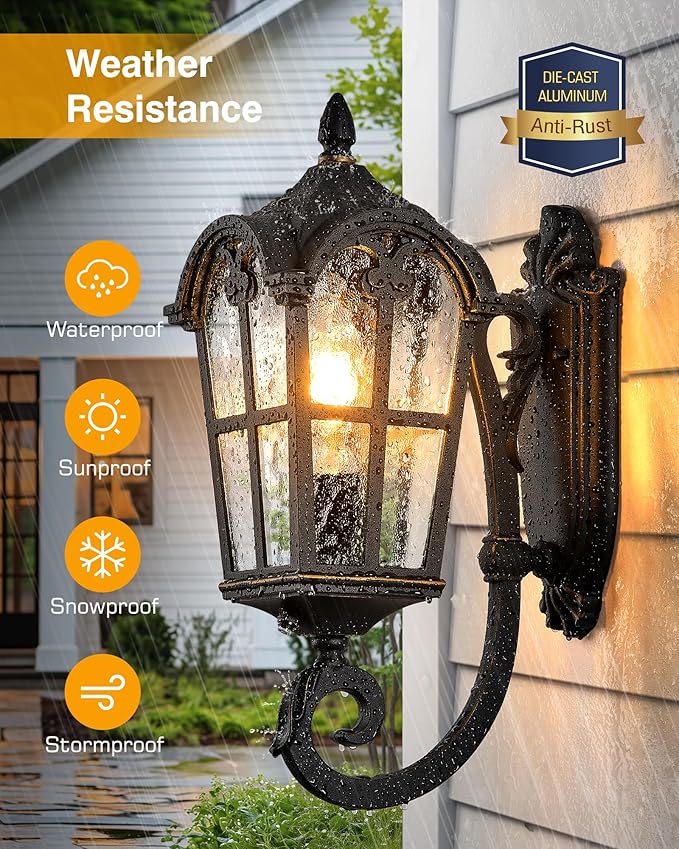 VIANIS 2 Pack Outside Lights for House Dusk to Dawn Black Exterior Light Fixture Wall Mount Anti-Rust Modern Outdoor Sconce Lantern with Rippled Glass for Front Porch Garage Hardwired Non-Solar