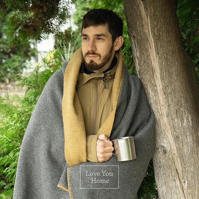 LYHome Merino Wool Blanket - Outdoor Camping and Hiking Throw Extra Warm Army Military &amp Hunting Blankets for Cold Weather Warmest Plaid Pure Sheep Wool (59 x 84 | Mustard - Gray Double-Sided)