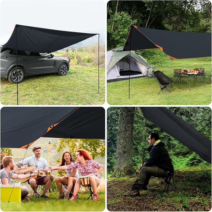 Bessport Camping Tarp 16×9.8FT with 2 Poles Lightweight Car Awning Sunshade Portable Multifunctional Backpacking PU 3000mm Waterproof Rain Fly Hammock Tarp for OutdoorTraveling Hilking