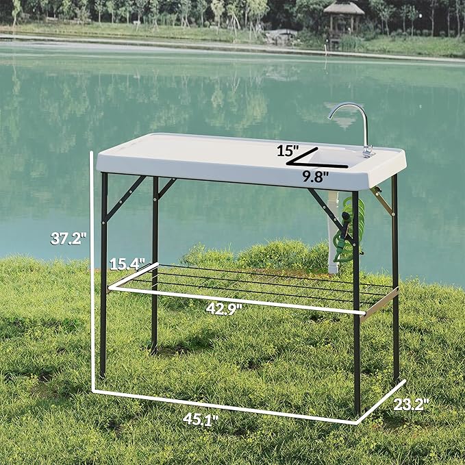 Outsunny Folding Fish Cleaning Table Portable Camping Sink Station with Faucet Drainage Hose Sprayer Grid Rack and Knife Groove Outdoor Fillet Table for Picnic Beach Patio White