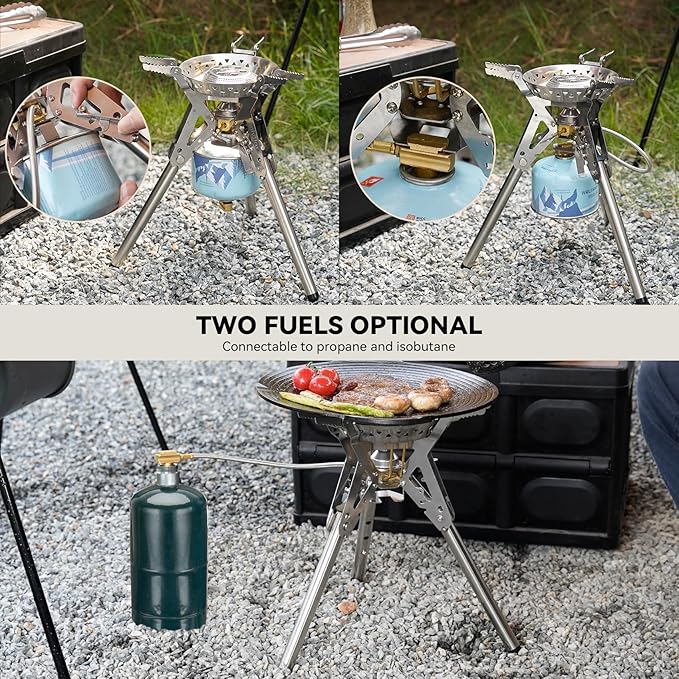 ONLYFIRE OUTDOOR LIVING Portable Camping Stove with Storage Bag Foldable Propane Gas Stove Multi-fuel Camp Stove for Patio Cooking Hiking Picnic RV Tailgating Emergency Use Stainless Steel GS350