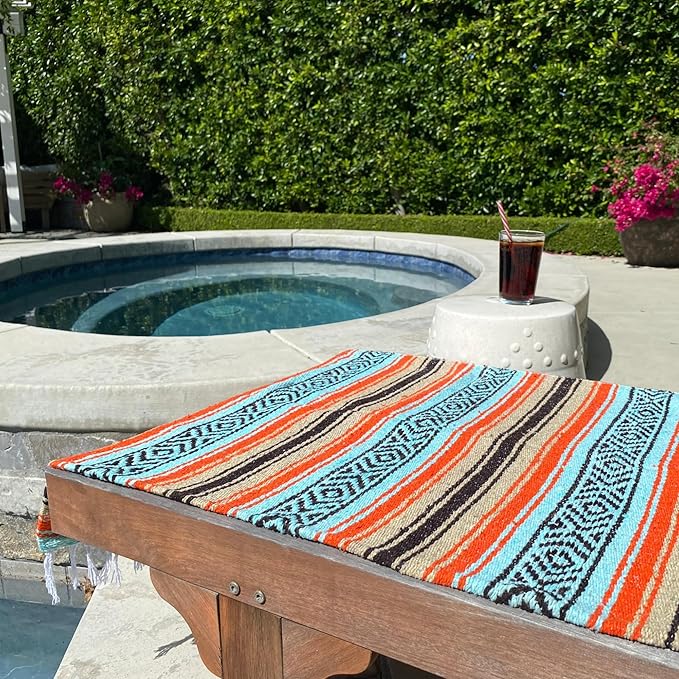 Del Mex Classic Mexican Blanket Large Authentic Woven Falsa Throw (70x50) Artisan Southwest Décor for Beach Yoga Outdoors (Mint/Tan/Orange)