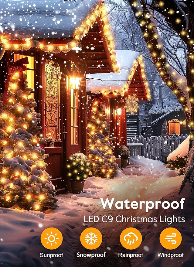C9 Christmas Lights Outdoor 114 Feet 150 LED C9 String Lights with Timer &amp 8 Light Modes Waterproof Commercial Grade Connectable Christmas Tree Lights for Indoor Outside Roofline Patio Warm Whi