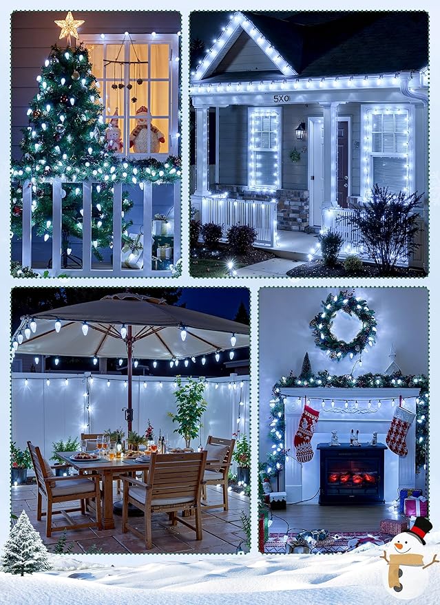Brightown C9 LED Christmas Lights Outdoor 99 Feet 150 LED C9 String Light with 150 Spring Clips Waterproof Connectable Christmas Tree Lights for Outside Roofline Patio Home Xmas Decor Pure White