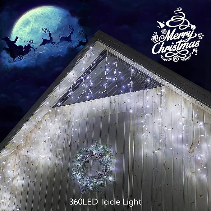 Hopolon 33FT 360L LED Christmas Icicle Lights Outdoor Waterproof8 Modes Plug in Curtain String Lights with 60 DropsChristmas Lights for WeddingPartyBedroomHomeGardenWall Decorations(White)